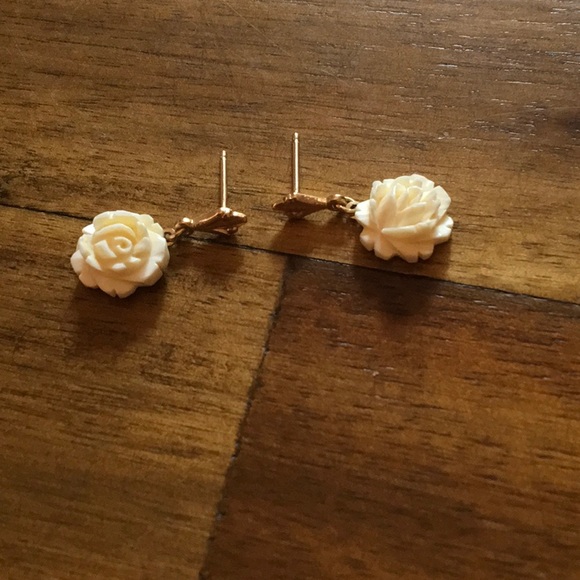 Gold & Ivory Colored Rose Earrings - Picture 2 of 5